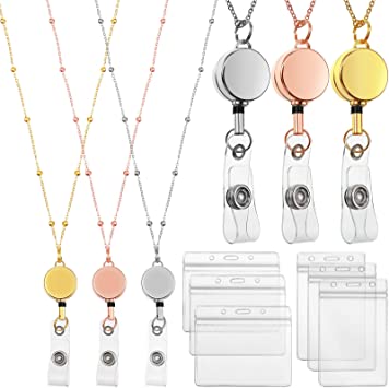 Retractable Badge Reel Lanyard with ID Holder, 3 Pieces Beaded Badge Lanyard Necklace with 6 Waterproof Name Card Holder Stainless Steel ID Holder Necklace for Women Men (Rose Gold, Silver, Gold)