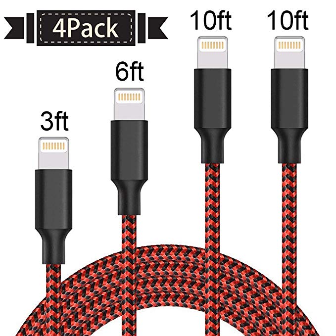 Lightning Cable,AOFU iPhone Cable 4Pack 3FT 6FT 2x10FT to USB Syncing and iPhone Charger Data Nylon Braided Cord Charger for iPhone X/8 Plus/8/7/7 Plus/6/6 Plus/6s/6s Plus/5/5s/5c/SE-BlackRed