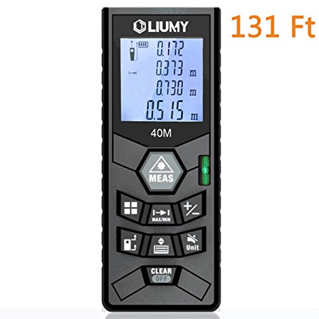 Laser Distance Meter Liumy 131 Ft Rangefinder, LCD Backlit Handheld Measuring Device, Level and Mute Functions for Single-distance Measurement / Continuous Measurement / Area / Pythagorean Modes