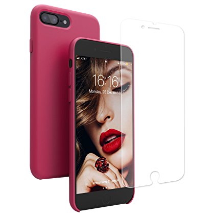 iPhone 8 Plus Case, iPhone 7 Plus Case, Jasbon Liquid Silicone Phone Case with Free Screen Protector Gel Rubber Shockproof Cover for Apple iPhone 7 iPhone 8-Rose Red