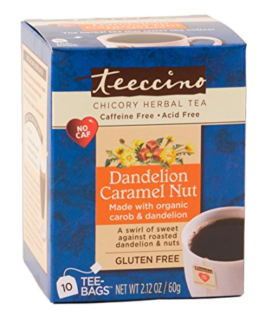 Teeccino Dandelion Caramel Nut Chicory Herbal Tea Bags, Gluten Free, Acid and Caffeine Free, 10 Count