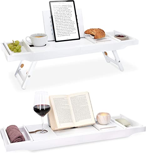 Navaris Bed and Bath Tray - Wooden Rack with Folding Legs - Bamboo Bathtub Caddy Bridge Shelf with Book or Tablet Stand - White