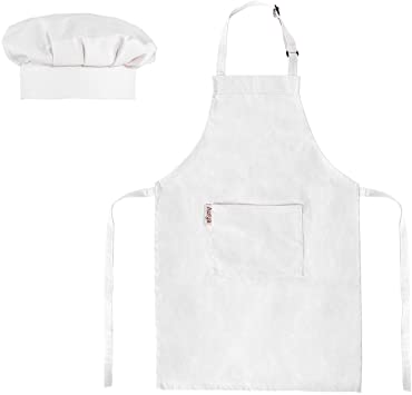 Kids Apron and Chef Hat Set-Adjustable Child Apron for Boys and Girls Aged 6-14,Children’s Kitchen Bib Aprons with Large Pocket for Cooking Baking Painting(Off White)