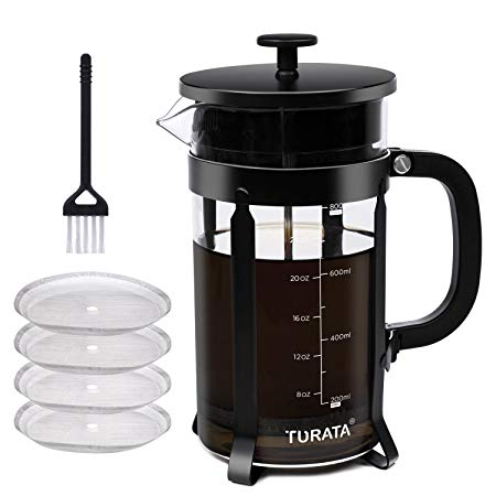 TURATA French Press Coffee Maker Cafetiere with Brush for Cleaning (1000ml, 8 Cups, 32 Oz)