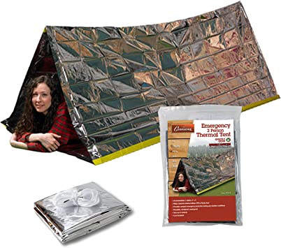 Grizzly Gear Emergency Thermal Tent | Weatherproof Mylar Disaster Survival 2-Person Bivouac | 8 ft x 3 ft | Compact Lightweight Hiking/Camping/Backpacking Shelter | Premium Prepper