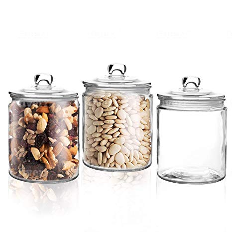 Set Of 3 Glass Jars - 1 Liter Glass Mason Jars With Lids - Clear Canister With Rubber Seal (1 Liter)