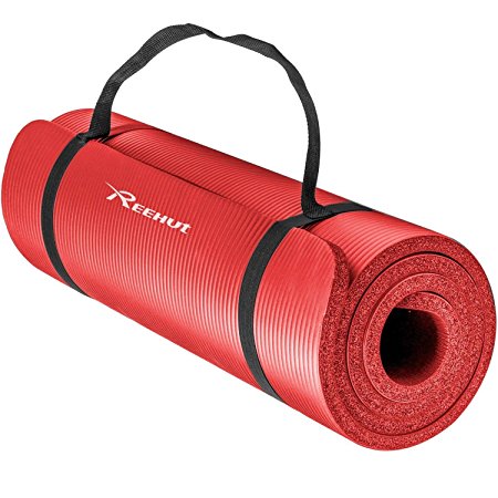 Reehut 1/2-Inch Extra Thick High Density NBR Exercise Yoga Mat for Pilates, Fitness & Workout w/ Carrying Strap (Red)