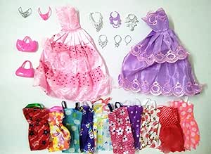 22 pcs Suit Doll Clothes and Accessories. 2 Wedding Dresses 10 Short Skirts 6 Necklaces 2 Crowns 2 Bags.