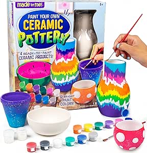 Made By Me Paint Your Own Ceramic Pottery, Fun Ceramic Painting Kit for Kids, Paint Your Own Ceramic Pottery Dish, Flower Pot, Vase & Bowl, Great Staycation Activity for Kids Ages 6, 7, 8, 9, Multi