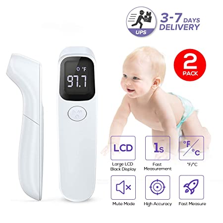 Non-Contact Infrared Digital Medical Forehead Thermometer Gun with Fever Alarm, Over Range Display and 32 Data Memory for Baby, Adults, Kids, Surface of Objects with CE/FCC Approved 2 Pack