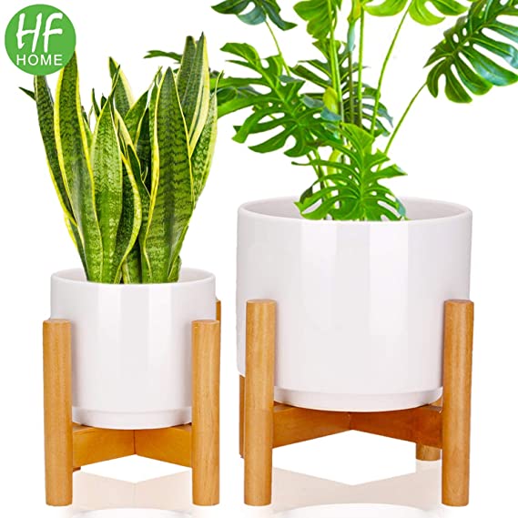 Set 2 Mid Century Modern Ceramic Plant Stand with 7 Inch & 5 Inch Diameter Plant Pots Indoor, Round White Standing Planters with Drainage and Plug, Outdoor White Garden Cactus Planters