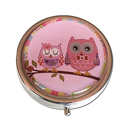 Pretty Owls Silver Three Compartment Round Pocket/Purse/Travel Pill Box (Pink)