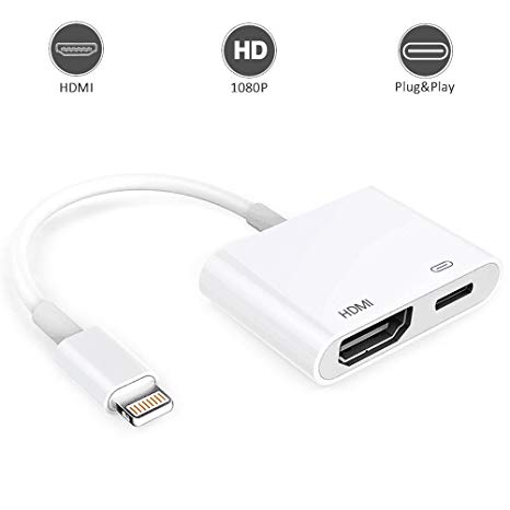 Lighting to HDMI Adapter Converter,Lighting Digital AV Adapter to 1080P HDMI with Lighting Charger Port for iPhone X 8 7 6 5 iPad iPod on HDTV Monitor Projector with 5Pcs DIY Stickers