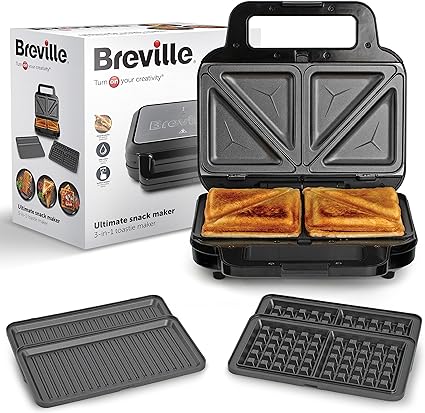 Breville 3-in-1 Ultimate Snack Maker | Deep Fill Toastie Maker, Waffle Maker & Panini Press | Removable Non-Stick Plates | Black & Stainless Steel [VST098] | UK Plug