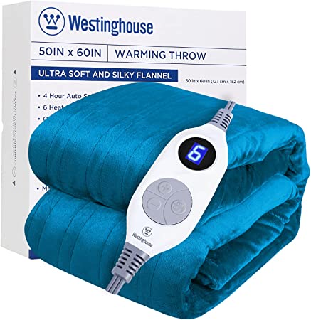 Westinghouse Heated Blanket, Electric Throw with 6 Heating Levels, 4 Hour Auto Off, Overheat Protection, Machine Washable, Flannel (Throw, 50x60 Inches, Blue)