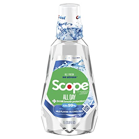 Crest Scope All Day Mouthwash Alcohol Free, Protects Against Plaque, Gingivitis, and 99% of Germs, Mild Flavor 1L