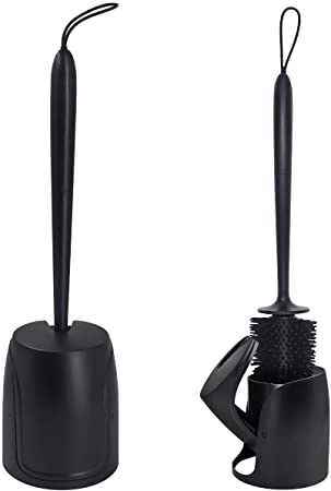 TOPSKY Toilet Brush with Individual Holder, Silicone Brush Bristles Hide-Away Compact Freestanding Automatic Caddy Door Open Toilet Brush Cleaner for Bathroom (Black)