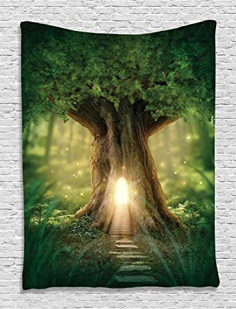 Ambesonne Mystic Fairy Tree of Life Enchanted Forest Mystical Lights Digital Printed Tapestry Wall Hanging Wall Tapestry Living Room Bedroom Dorm Decor, Green Yellow Brown