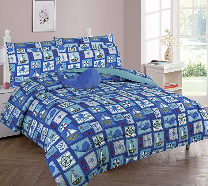 Twin & Full 6 Pcs or 8 Pcs Comforter/ Coverlet / Bed in Bag Set with Toy (Full, Sailor)