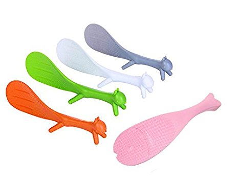 BeautyMood 5pcs Creative Household Kitchen Tools ,Lovely Squirrel Vertical Spoon and Fish Shaped Spoon Non-stick Rice Spoon Fashion Rice Cooker Dishes Filled Scoop Shovel