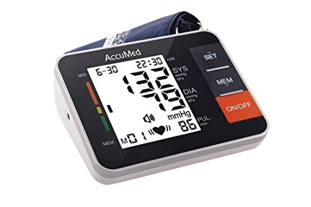 AccuMed ABP802 Portable Upper Arm Blood Pressure Monitor with One-Touch Intelligent Automatic Measurement (Black) - 4-in-1 Functionality for Systolic / Diastolic BP, Heart Rate (BPM), Hypertension Guide (WHO Classification Indicator), & Arrhythmia Alerts - Includes Voiced Audio / Silent Mode, High-Contrast LCD Display, Built-in Storage Memory, Carrying Pouch, USA Warranty, and More *FDA Approved with Clinically Proven, Professional Accuracy for Home Medical Use