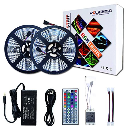 RoLightic RGB Led Light Strip Kit,32.8ft (10M) 5050 300LEDs,DC 12V Waterproof Led Strip Lights with 44Key Remote Controller and Power Adapter for Home,Kitchen,Bedroom,Cabinet,Backlight and More