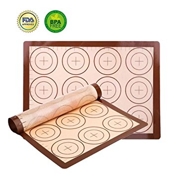 Silicone Baking Mat Set - 2 Pack Non-Stick Silicon Liner for Bake Pans & Rolling with Measurements, Heat Resistant Cookie Sheets for Macaroon/Pastry/Cookie (16" x 11.5", Brown)