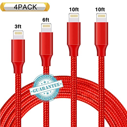 DANTENG Phone Cable 4Pack 3FT 6FT 10FT 10FT Nylon Braided Charging Cables USB Charger Cord, Compatible with Phone Xs MAX XR X 8 Plus 7 6 6 Plus 5S SE Pad Pod Nano-Red