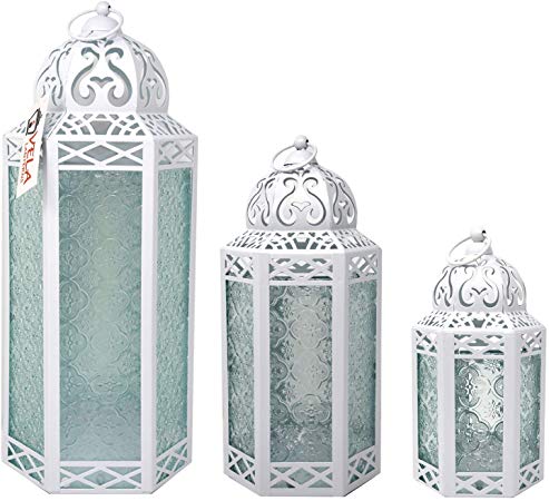 Moroccan Style Candle Lanterns, White, Clear Glass, Set of 3