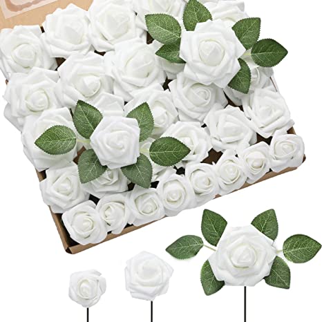 DerBlue 60pcs Three Different Sizes Artificial Roses Flowers Foam Roses Bulk w/Stem for DIY Wedding Bouquets Corsages Centerpieces Arrangements Baby Shower Cake Flower Decorations(White)
