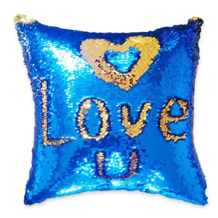 Wonder4 Reversible Sequin Pillow Case, Mermaid Pillow Case,16 x 16" Blue Golden Sequin, Magic Gift, Funny Pillow