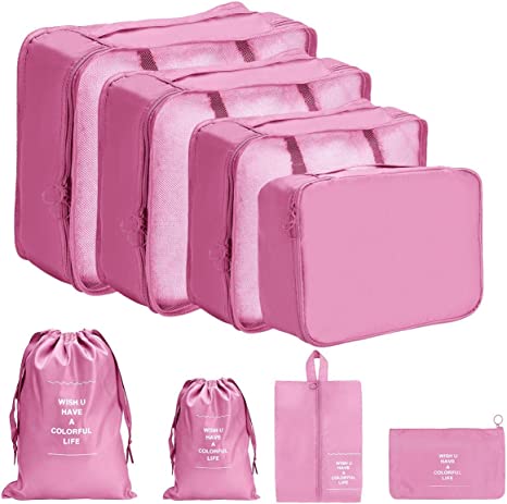 OrgaWise Packing cubes 8 Pcs Packing Organizer Set Travel Storage Bags Multi-Functional Travel Packing Pouches Waterproof Luggage Organizer (8pcs Pink)