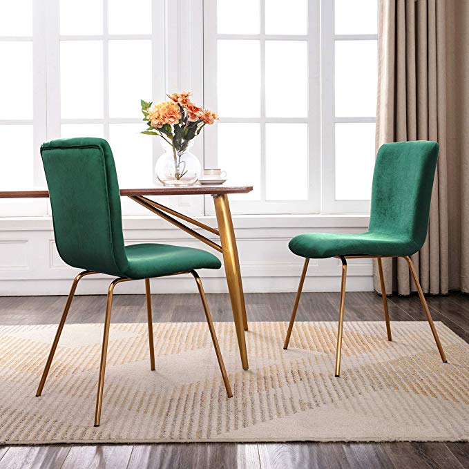 Art-Leon Mid-Century Modern Velvet Fabric Dining Chairs Set of 2 with Golden Legs and Floor Protector (Green)