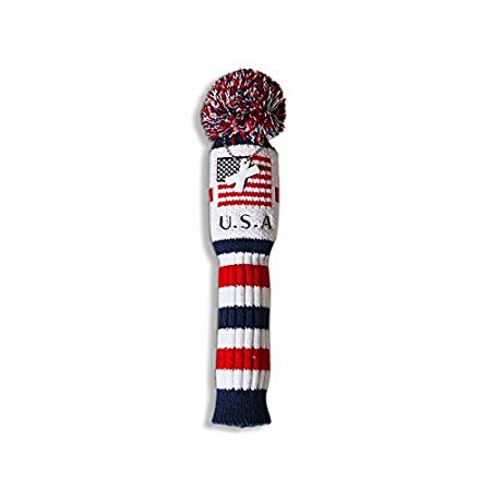 Craftsman Golf US Flag Knit Pom Pom White Blue Red Driver,Fairway Wood, Hybrid Head Cover Headcover for Callaway Mizuno Cobra Taylormade
