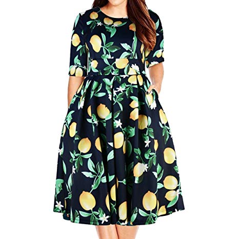 Samtree Women's Plus Size Floral 3/4 Sleeve Backless Cocktail Party Swing Dress