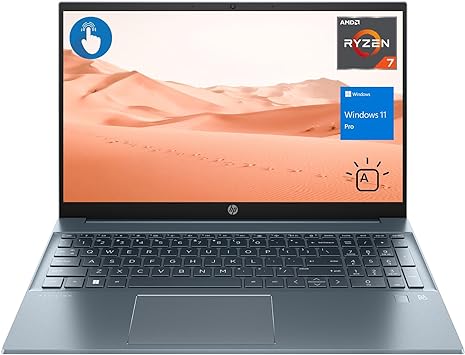 HP Pavilion 15z Business Laptop, 15.6" FHD Touchscreen, AMD Ryzen 7 7730U, 32GB RAM, 1TB SSD, Webcam, HDMI, Backlit Keyboard, Fingerprint Reader, Wi-Fi 6, Windows 11 Pro, Blue