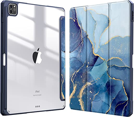 Fintie Hybrid Slim Case for iPad Pro 12.9-inch 6th Generation 2022, [Built-in Pencil Holder] Shockproof Cover w/Clear Transparent Back Shell, Also Fit iPad Pro 12.9" 5th/4th/3rd Gen, Ocean Marble