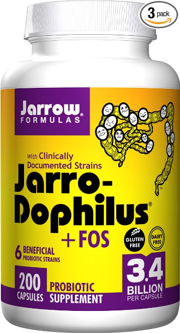 Jarro-Dophilus   FOS, Supports Intestestinal and Immune Health, 3.4 Billion Organisms Per Cap, 200 Count (Cool Ship, Pack of 3)