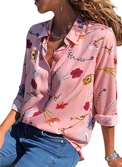 Dokotoo Womens V Neck Floral Print Button Down T Shirts Casual Blouses Tops (S-XXL)