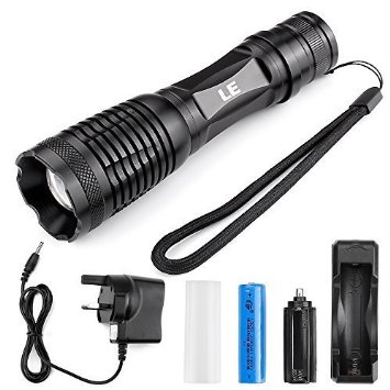 LE 10W Rechargeable and Zoomable CREE XLamp XM-L2 LED Flashlight Adjustable Focus 5 Light Modes 1000lm 18650 Battery and Charger Included Water Resistant Camping Torch LED Handheld Flash Lights