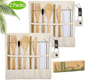 Bamboo Utensil Set Eco-Friendly Reusable Bamboo utensils Wooden Silverware Bamboo Cutlery Set Camping Outdoor Portable Utensils with Case Spoon, Fork, Knife, Chopsticks, Reusable Straw (White 2)