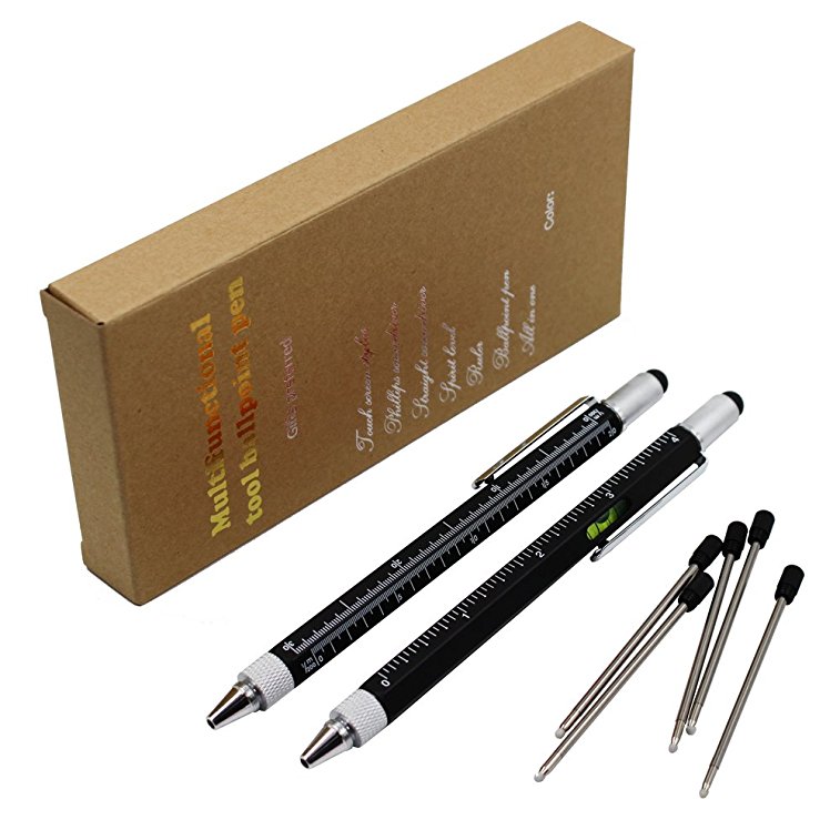 2PCS PACK 6 in 1 Screwdriver Tool Pen - Mini Multifunction Pen with Stylus, Flat and Phillips Screwdriver Bit, Bubble Level and inch cm Ruler all in one (Matte black)