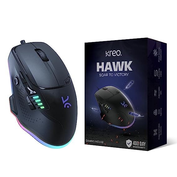 Kreo Hawk Gaming Mouse with Programmable Buttons & RGB Lighting | Pixart 3327 Sensor | Adjustable DPI upto 12,400 with 1.5m Long Braided Cable and Optical Sensor | Lightweight & Durable | Compatible With Windows & MAC