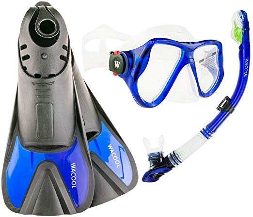 WACOOL Snorkeling Package Set for Adults, Anti-Fog Coated Glass Diving Mask, Snorkel with Silicon Mouth Piece,Purge Valve and Anti-Splash Guard w/Travel Short Swim Fins