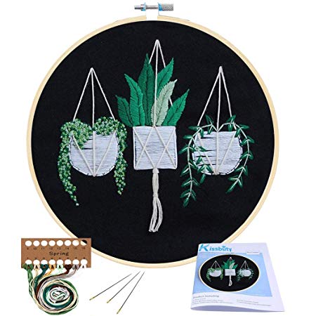 Full Range of Embroidery Starter Kit with Pattern, Kissbuty Cross Stitch Kit Including Stamped Embroidery Cloth with Pattern, Bamboo Embroidery Hoop, Color Threads and Tool Kit (Black Scindapsus)