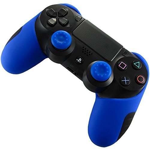Pandaren Soft Silicone Thicker Half Skin Cover for PS4 Controller Set Blue skin X 1  Thumb Grip X 2