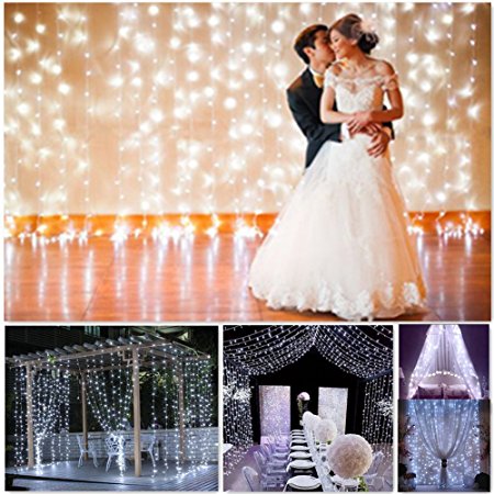 Outop Double Link Design 9.8FT 304 LED 8 Model Window Curtain String Lights Icicle Fairy Lights for Wedding Ceremony Christmas Party Celebration Home Patio Lawn Garden Decorations (White)