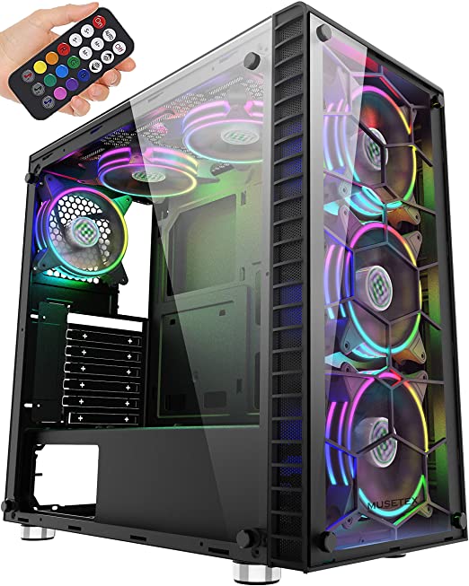 MUSETEX ATX Mid-Tower Computer Gaming Case with 6 PCS × 120mm LED ARGB Fans USB 3.0 Port Tempered Glass PC Case(G05-MS6-HB)