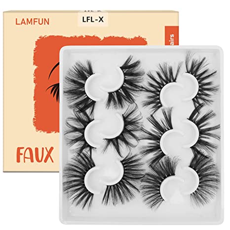Fluffy False Eyelashes, LamFun 25MM Faux Mink Lashes, 6 Dramatic Fake Lashes in Different Styles, Comfortable, Reusable and Easy to Wear, Cruelty-Free, 6 Pairs
