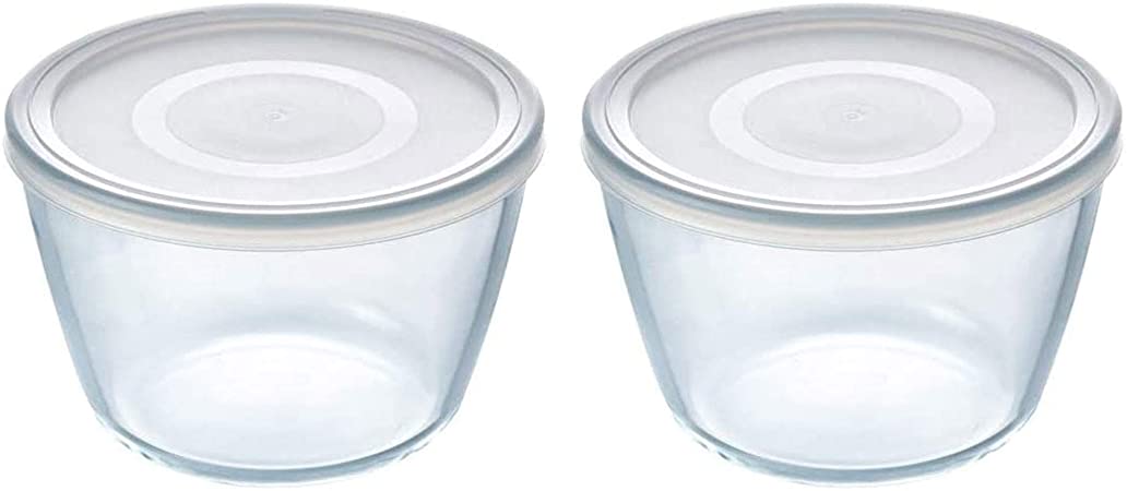 Pyrex Microwave Safe Classic Round Glass Dish with Plastic Lid 0.6 Litre White (Pack of 2)